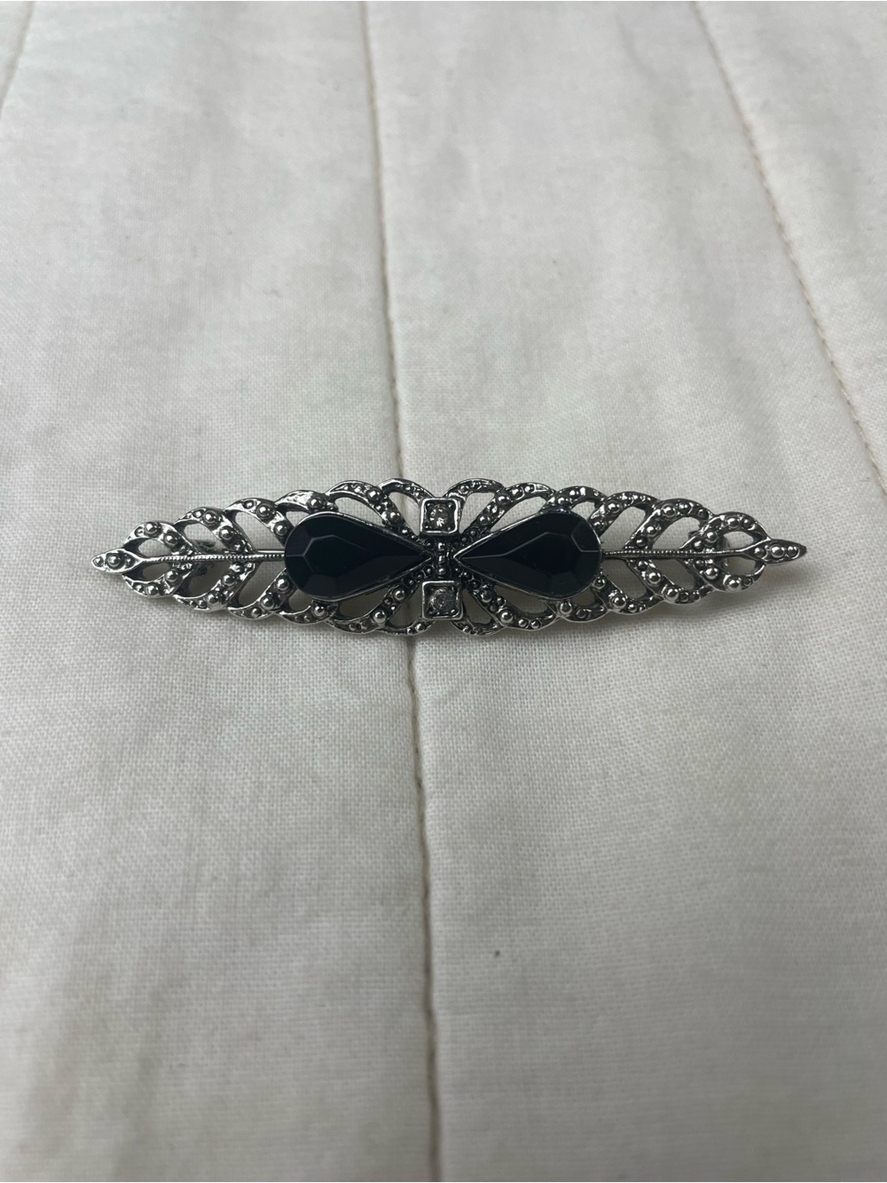 1928 Brand Silver Tone Bar Brooch with Black Stones